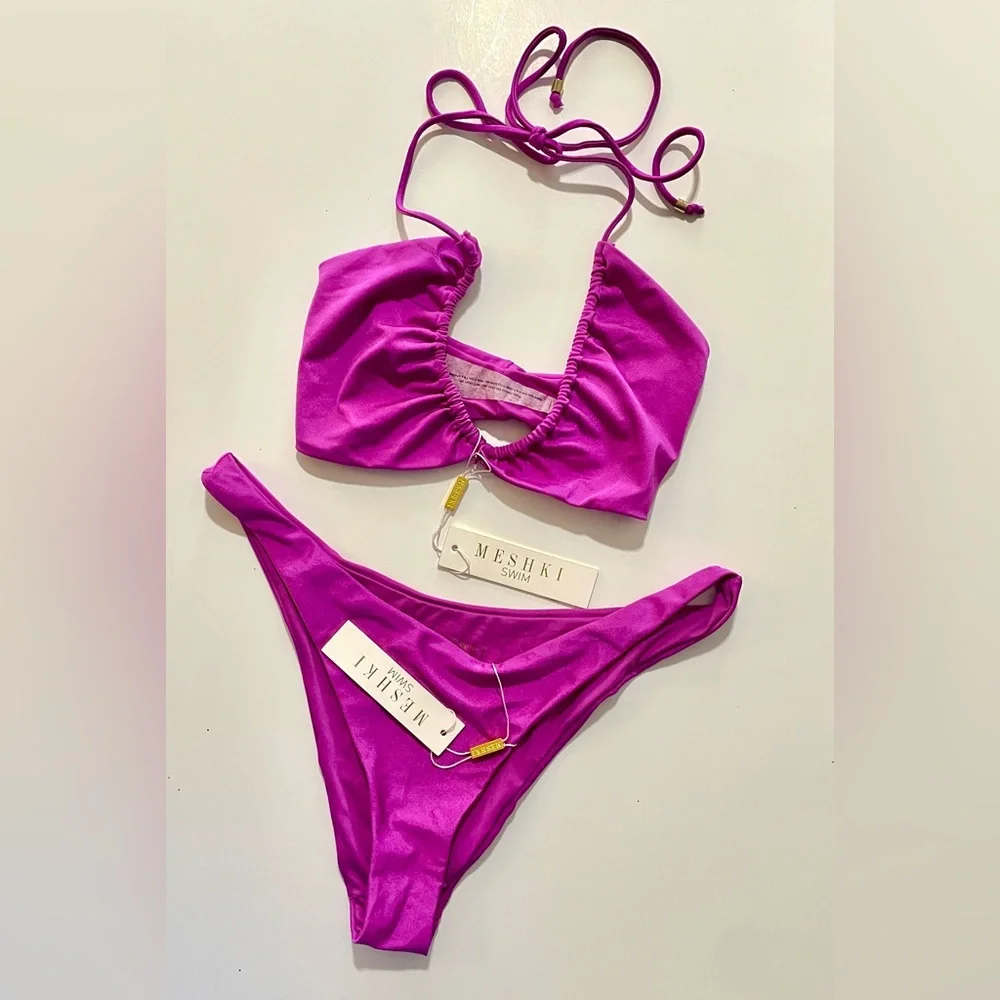 NWT Meshki Andie Ruched String Side Bikini Briel Swimsuit Size XL - Picture 1 of 8